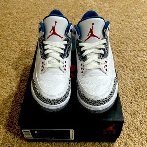Air Jordan 3 Retro, white and true blue, men’s size 8, women’s size 9.5